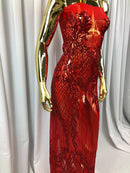 Sequins 4 Way Stretch Shiny Fabric with Triangle Net Pattern - Red - Fabric Sold by The Yard
