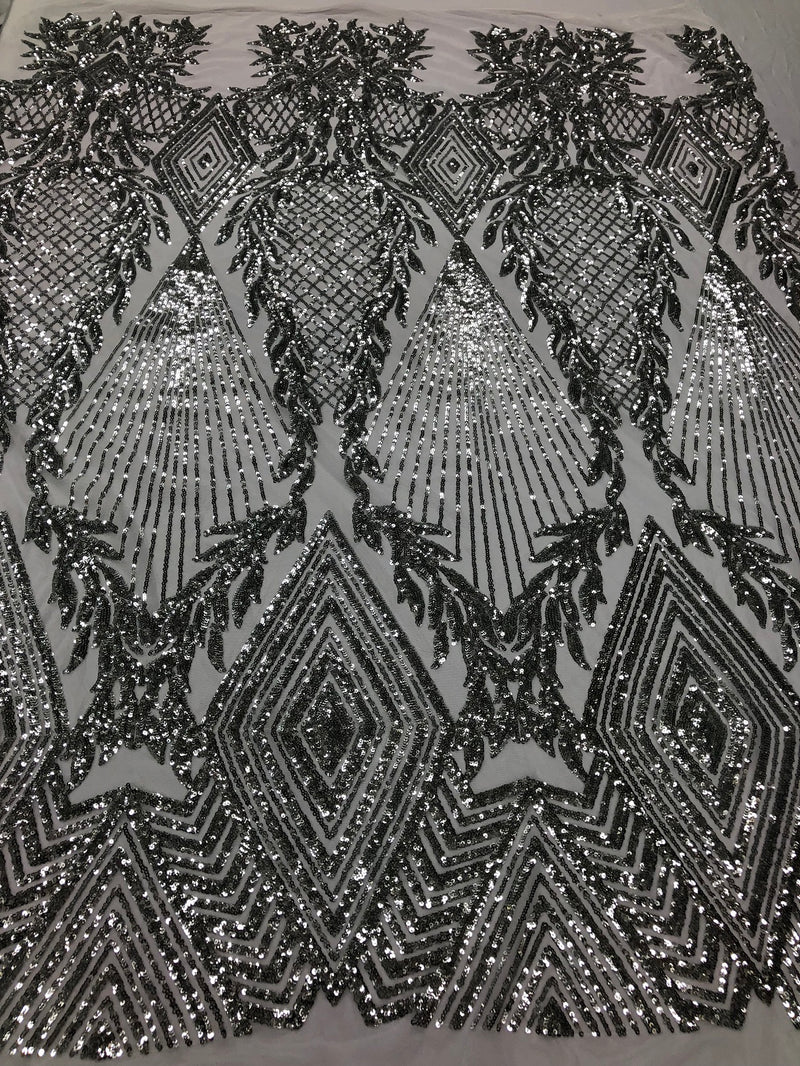 Sequins 4 Way Stretch Shiny Fabric with Triangle Net Pattern - Silver