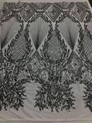 Sequins 4 Way Stretch Shiny Fabric with Triangle Net Pattern - Silver - Fabric Sold by The Yard