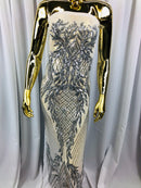 Sequins 4 Way Stretch Shiny Fabric with Triangle Net Pattern - Silver - Fabric Sold by The Yard