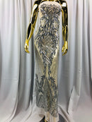 Sequins 4 Way Stretch Shiny Fabric with Triangle Net Pattern - Silver - Fabric Sold by The Yard