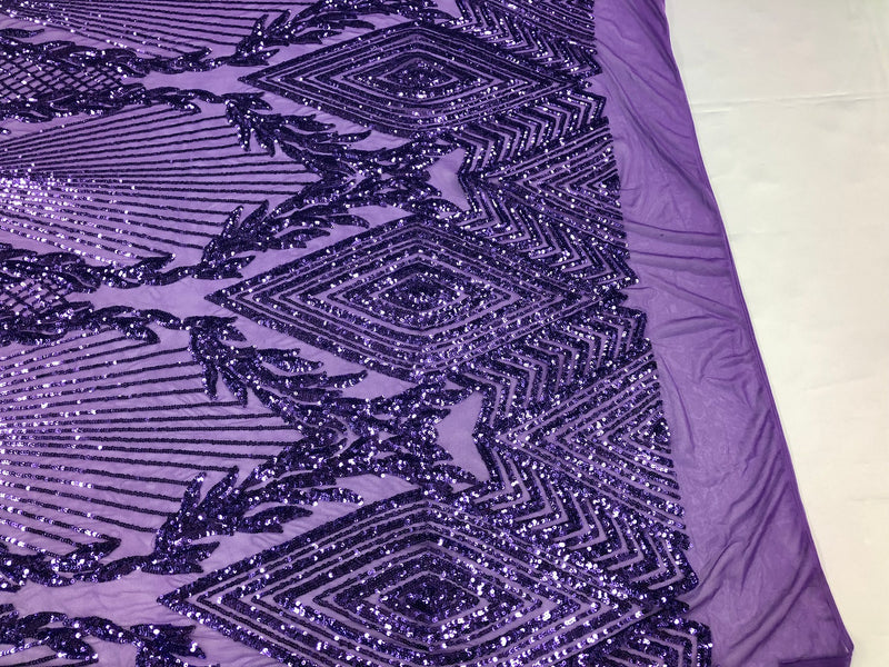 Sequins 4 Way Stretch Shiny Fabric with Triangle Net Pattern - Lilac - Fabric Sold by The Yard