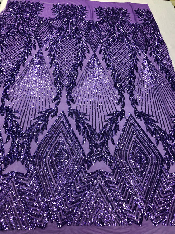 Sequins 4 Way Stretch Shiny Fabric with Triangle Net Pattern - Lilac - Fabric Sold 4 Yards 1/2