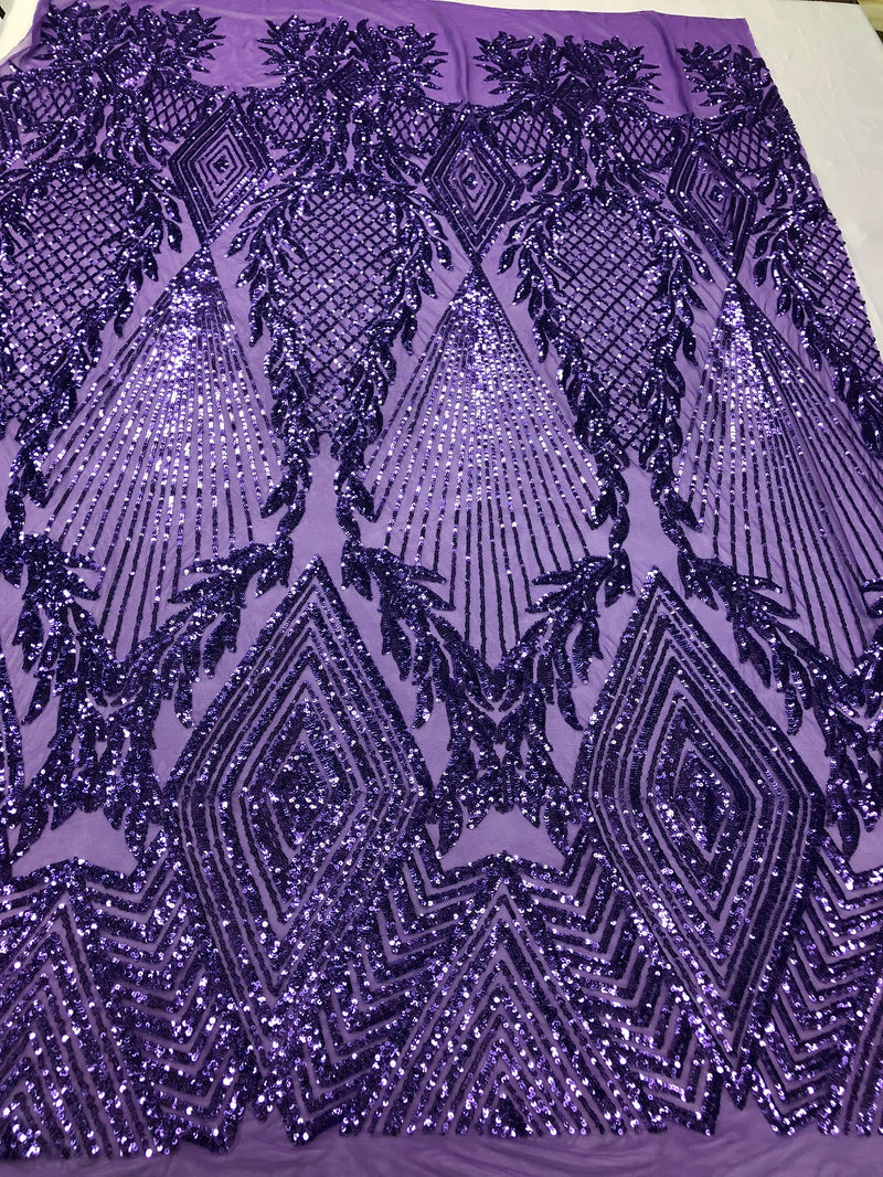 Sequins 4 Way Stretch Shiny Fabric with Triangle Net Pattern - Lilac - Fabric Sold by The Yard