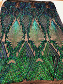 Sequins 4 Way Stretch Shiny Fabric with Triangle Net Pattern - Jade Blue Green - Sold by The Yard