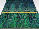 Sequins 4 Way Stretch Shiny Fabric with Triangle Net Pattern - Jade Blue Green - Sold by The Yard