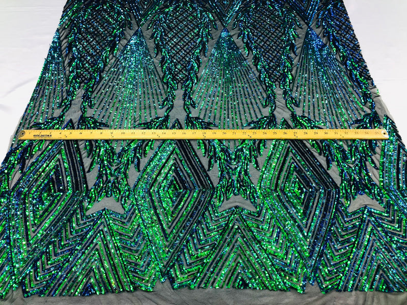 Sequins 4 Way Stretch Shiny Fabric with Triangle Net Pattern - Jade Blue Green - Sold by The Yard