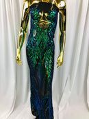 Sequins 4 Way Stretch Shiny Fabric with Triangle Net Pattern - Jade Blue Green - Sold by The Yard