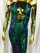 Sequins 4 Way Stretch Shiny Fabric with Triangle Net Pattern - Jade Blue Green - Sold by The Yard