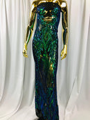 Sequins 4 Way Stretch Shiny Fabric with Triangle Net Pattern - Jade Blue Green - Sold by The Yard