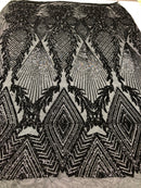 Sequins 4 Way Stretch Shiny Fabric with Triangle Net Pattern - Black -  Fabric Sold by The Yard