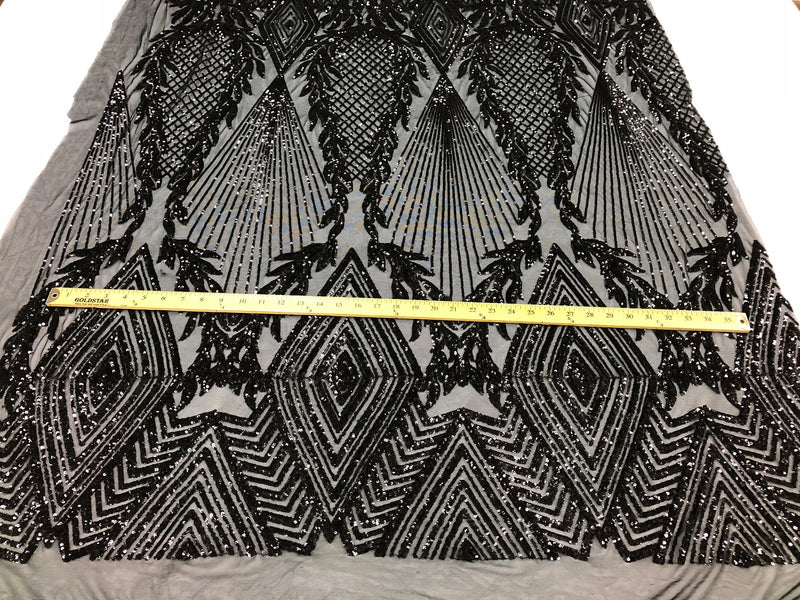 Sequins 4 Way Stretch Shiny Fabric with Triangle Net Pattern - Black -  Fabric Sold by The Yard