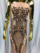 Sequins 4 Way Stretch Shiny Fabric with Triangle Net Pattern - Dusty Rose - Fabric Sold by The Yard