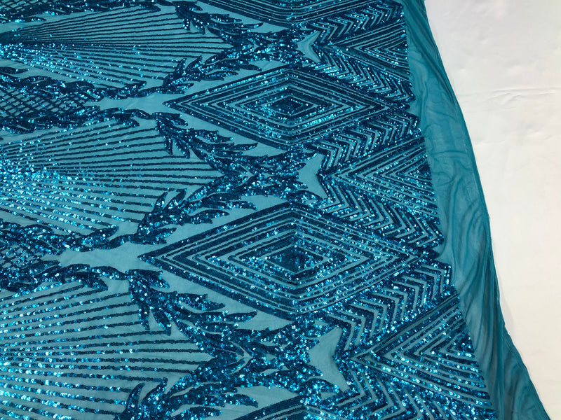 Sequins 4 Way Stretch Shiny Fabric with Triangle Net Pattern - Turquoise  - Fabric Sold by The Yard
