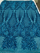 Sequins 4 Way Stretch Shiny Fabric with Triangle Net Pattern - Turquoise  - Fabric Sold by The Yard