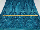 Sequins 4 Way Stretch Shiny Fabric with Triangle Net Pattern - Turquoise  - Fabric Sold by The Yard