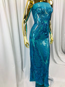 Sequins 4 Way Stretch Shiny Fabric with Triangle Net Pattern - Turquoise  - Fabric Sold by The Yard