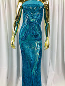 Sequins 4 Way Stretch Shiny Fabric with Triangle Net Pattern - Turquoise  - Fabric Sold by The Yard