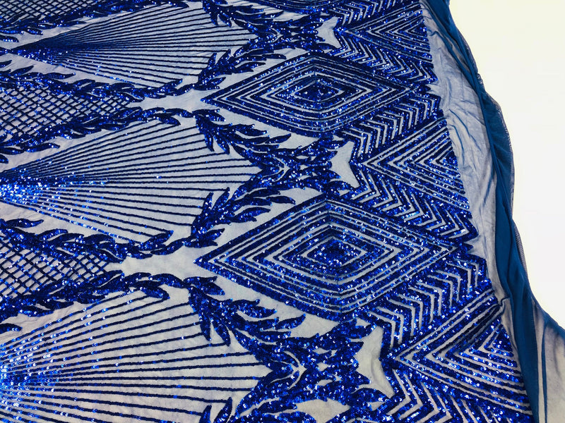 Sequins 4 Way Stretch Shiny Fabric with Triangle Net Pattern - Royal Blue - Fabric Sold by The Yard