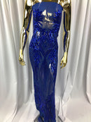 Sequins 4 Way Stretch Shiny Fabric with Triangle Net Pattern - Royal Blue - Fabric Sold by The Yard