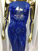 Sequins 4 Way Stretch Shiny Fabric with Triangle Net Pattern - Royal Blue - Fabric Sold by The Yard