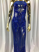 Sequins 4 Way Stretch Shiny Fabric with Triangle Net Pattern - Royal Blue - Fabric Sold by The Yard