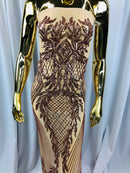 Sequins 4 Way Stretch Shiny Fabric with Triangle Net Pattern - Khaki  - Fabric Sold by The Yard