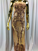 Sequins 4 Way Stretch Shiny Fabric with Triangle Net Pattern - Khaki  - Fabric Sold by The Yard