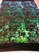 Velvet 4 Way Stretch Shiny Irreversible Sequins Fabric - Jade Blue Green with Matte Black Sequins