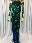 Velvet 4 Way Stretch Shiny Irreversible Sequins Fabric - Jade Blue Green with Matte Black Sequins