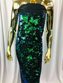Velvet 4 Way Stretch Shiny Irreversible Sequins Fabric - Jade Blue Green with Matte Black Sequins