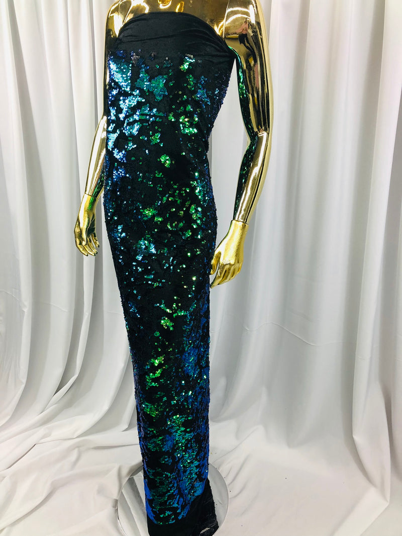 Velvet 4 Way Stretch Shiny Irreversible Sequins Fabric - Jade Blue Green with Matte Black Sequins