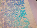 Velvet 4 Way Stretch Shiny Irreversible Sequins Fabric - Iridescent Aqua/White Ivory Velvet