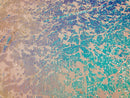 Velvet 4 Way Stretch Shiny Irreversible Sequins Fabric - Iridescent Aqua/White Ivory Velvet