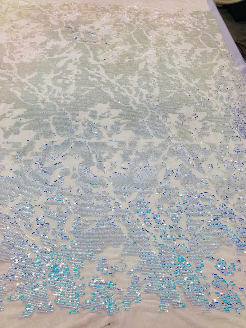 Velvet 4 Way Stretch Shiny Irreversible Sequins Fabric - Iridescent Aqua/White Ivory Velvet