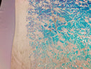 Velvet 4 Way Stretch Shiny Irreversible Sequins Fabric - Iridescent Aqua/White Ivory Velvet