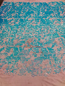 Velvet 4 Way Stretch Shiny Irreversible Sequins Fabric - Iridescent Aqua/White Ivory Velvet