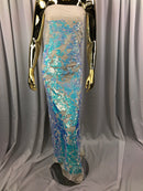 Velvet 4 Way Stretch Shiny Irreversible Sequins Fabric - Iridescent Aqua/White Ivory Velvet