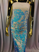 Velvet 4 Way Stretch Shiny Irreversible Sequins Fabric - Iridescent Aqua/White Ivory Velvet