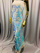 Velvet 4 Way Stretch Shiny Irreversible Sequins Fabric - Iridescent Aqua/White Ivory Velvet