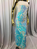 Velvet 4 Way Stretch Shiny Irreversible Sequins Fabric - Iridescent Aqua/White Ivory Velvet