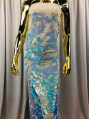 Velvet 4 Way Stretch Shiny Irreversible Sequins Fabric - Iridescent Aqua/White Ivory Velvet