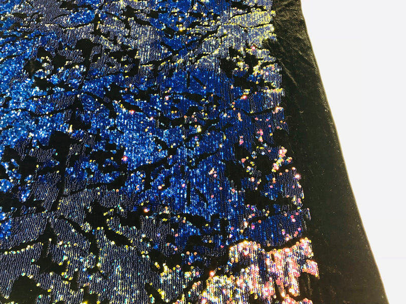 Velvet 4 Way Stretch Shiny Irreversible Sequins Fabric - Iridescent Royal Blue on Black Velvet