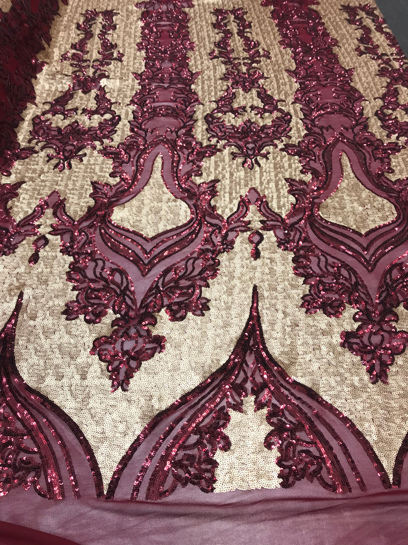 4 Way Stretch - Burgundy and Gold - Two Tone Flower Design Sequins On Stretch Mesh By The Yard