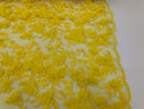Flower 3D Fabric - Yellow - Embroided Fabric Flower Pearls and Leaf Decor Sold by The Yard