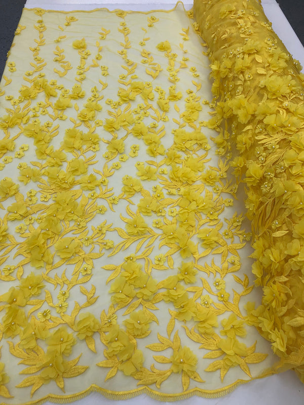 Flower 3D Fabric - Yellow - Embroided Fabric Flower Pearls and Leaf Decor Sold by The Yard