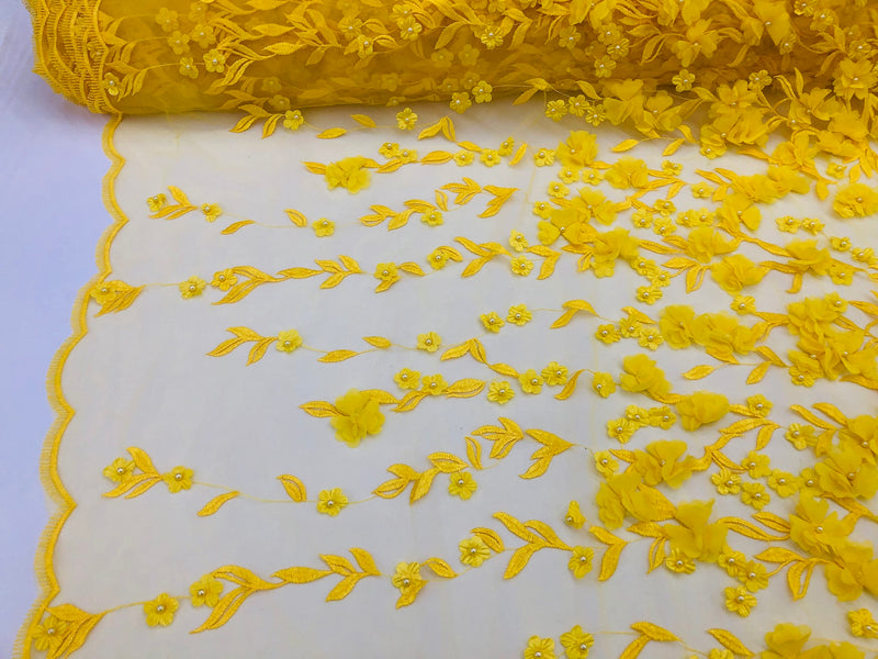 Flower 3D Fabric - Yellow - Embroided Fabric Flower Pearls and Leaf Decor Sold by The Yard