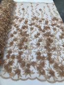 Flower 3D Fabric - Champagne  - Embroided Fabric Flower Pearls and Leaf Decor Sold by The Yard