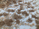 Flower 3D Fabric - Champagne  - Embroided Fabric Flower Pearls and Leaf Decor Sold by The Yard