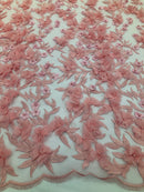 Flower 3D Fabric - Peach - Embroided Fabric Flower Pearls and Leaf Decor Sold by The Yard